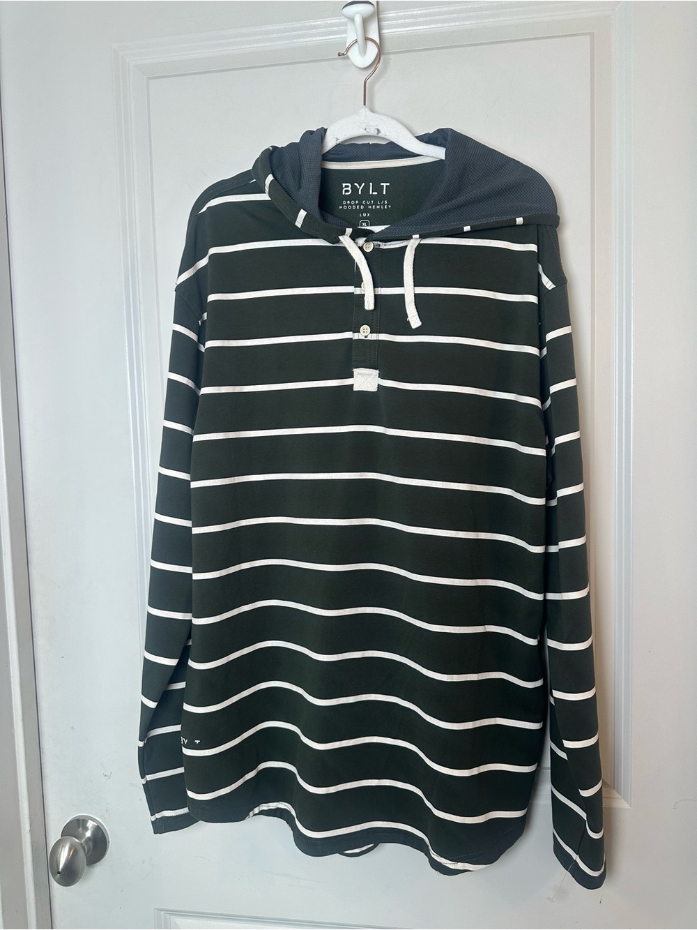BYLT Drop Cut Hooded Striped Henley Lux Green & Cream Shirt, Size XL